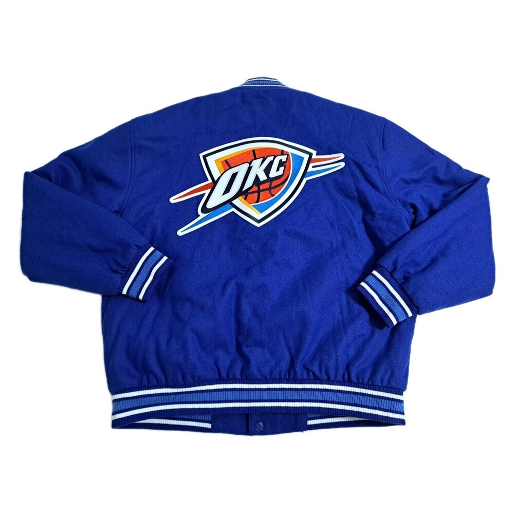 NBA Oklahoma City Thunder OKC Reversible Varsity Bomber Jacket Mens XL Blue Wool